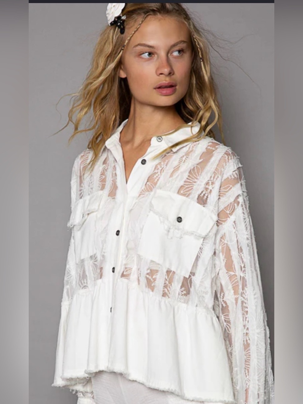 POL Lightweight White Lace Panel Button-Front Women's Top